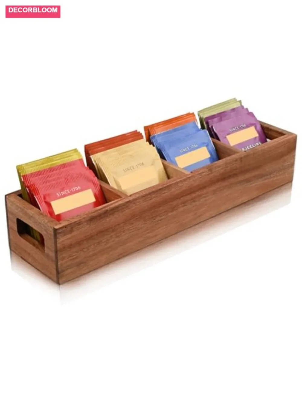 Acacia Wood Tea Bag Organizer with 4 Adjustable Slots – Handcrafted Tea Storage